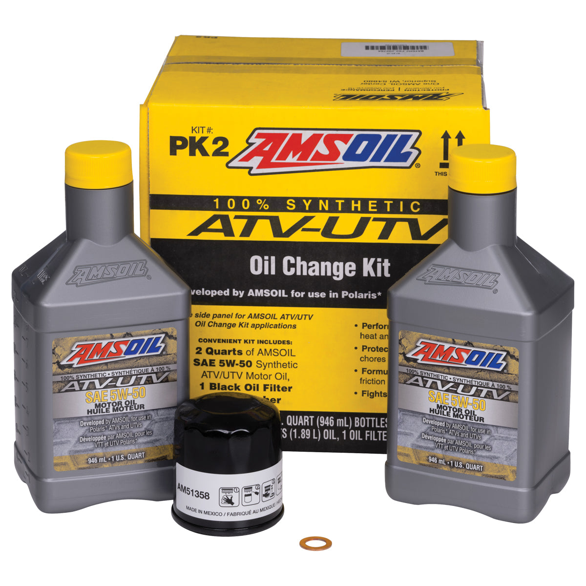 AMSOIL PK2 Polaris ATV/UTV 5W-50 oil change kit: 2 quarts and oil filter